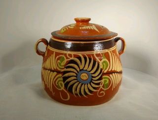 Large Vintage Hand Painted Mexican Terra - Cotta Pot With Lid.