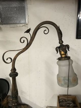 Antique Reversed Painted Glass Bridge Arm Floor Lamp Shade Wow