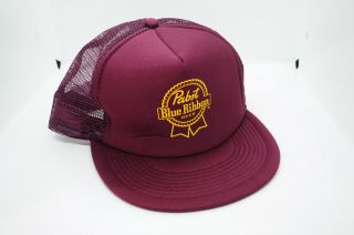 Maroon Red Yellow Pbr Pabst Blue Ribbon Beer Trucker Snapback Hat Cap