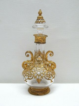 Antique 19th C.  Brass Ormolu Filigree & Glass Perfume Bottle