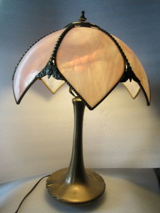 Antique Bronze Spelter Art Nouveau Design Base Slag Glass Shade Lamp