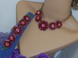 Vintage Burgundy Enamel Flower & Pink Rhinestone Necklace & Bracelet Set