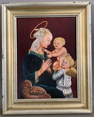 Vintage Madonna & Child Old Religious Winged Angel Mary Jesus Portrait Painting