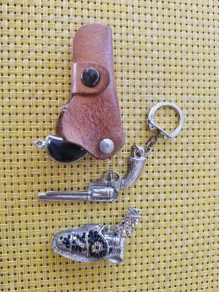 Vintage Miniature Toy Cap Gun Pistol With Leather Holster,  Bolo Clip,  Key Chain