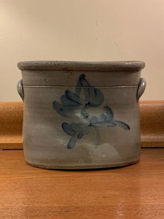 & Solid Antique 7” X 9” Salt Glazed Cobalt Blue Decorated Stoneware Crock