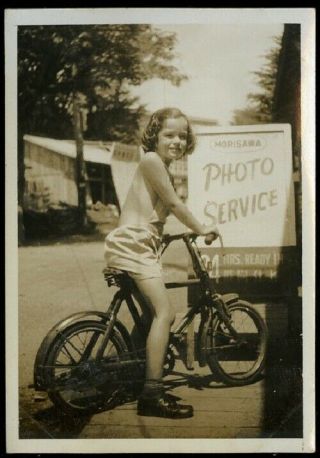 Vintage Photo Little Girl On Bicycle In Front Of Morisawa Photo Service Japan