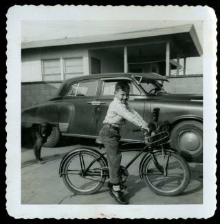 Vintage Photo Young Boy Poses On Vintage Bicycle Bike Old Vintage Car 1940 