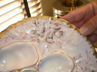 PORCELAIN TURKEY OYSTER PLATE/DISH PINK WITH FLORAL DESIGN HEAVY GOLD RIM 3