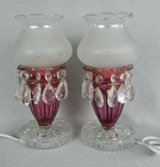 2 Vintage Cranberry Glass Mantle Table Lusters Hurricane Lamps,  Prisms Electric