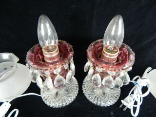 2 VINTAGE CRANBERRY GLASS MANTLE TABLE LUSTERS HURRICANE LAMPS,  PRISMS ELECTRIC 2