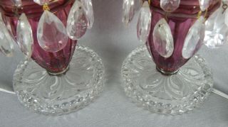 2 VINTAGE CRANBERRY GLASS MANTLE TABLE LUSTERS HURRICANE LAMPS,  PRISMS ELECTRIC 3