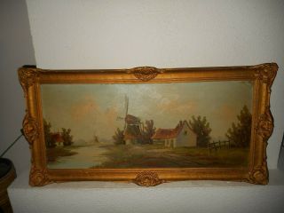 Very Old Oil Painting,  - 1890,  { Landscape With Windmills,  Is Signed }.  Antique