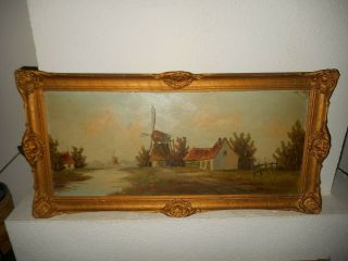 Very old oil painting,  - 1890,  { Landscape with windmills,  is signed }.  antique 2