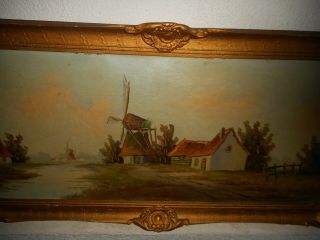 Very old oil painting,  - 1890,  { Landscape with windmills,  is signed }.  antique 3