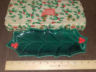 Vtg Christmas Lefton Holly Berry Leaf Shaped Trinket Candy Dish Serving Tray 12 "