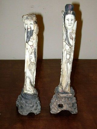 Vintage Pair Asian Hand Carved Bovine Bone Figures Man & Woman On Pedestals