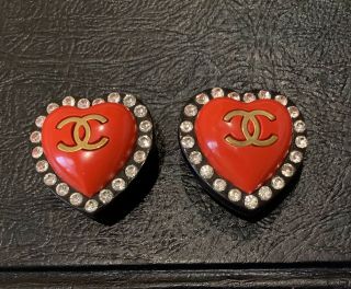 Vintage Chanel Heart Earings With Swarovsky Crystals/ Clip On