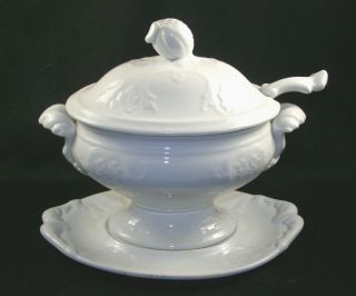 Antique English White Ironstone Covered Sauce Tureen & Under Plate - Clementson