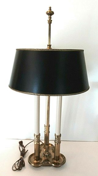 Vtg Mcm Stiffel Brass Bouillotte 3 Candle Desk Table Lamp Black Gold Shade 3 Way