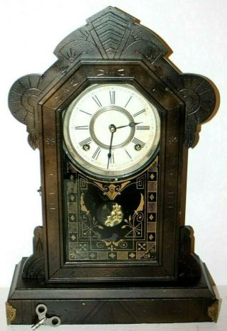 Antique / Vintage Victorian 8 Day Wood Parlor Clock W/ Eastlake Decorations.