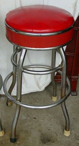 Vintage COSCO Retro Swivel Chrome and Red Vinyl 4 Bar Soda Fountain Stools 2