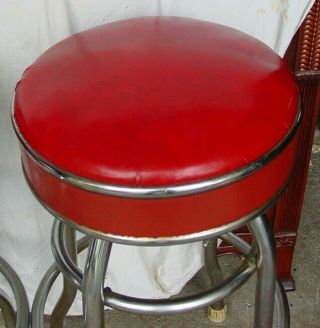 Vintage COSCO Retro Swivel Chrome and Red Vinyl 4 Bar Soda Fountain Stools 3