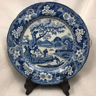 Antique 19th Century Ceramic Blue Transferware Warming Plate Fishing Decoration