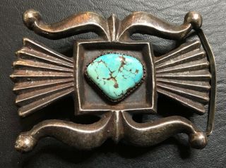 Vintage Native American Navajo Sterling And Turquoise Sand Cast Belt Buckle
