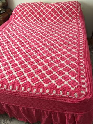 Vintage 1950s Cotton Chenille Bedspread Full Pink White