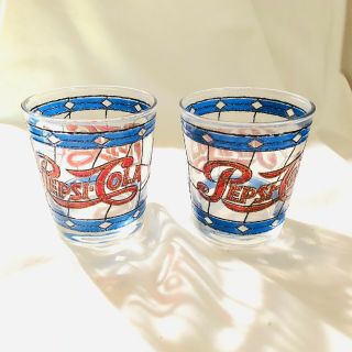 2 Rare Vintage Pepsi Cola Stained Glass Tiffany Style Blue Diamond Flair Glasses