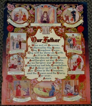 Antique 9x11 Lithograph The Lords Prayer Our Father/ Ten Commandments 1925 L@@k