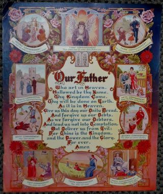 Antique 9x11 Lithograph The Lords Prayer Our Father/ Ten Commandments 1925 L@@K 3