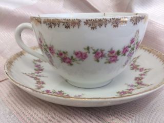 Porcelain C.  T.  Germany Mustache Cup Mug Saucer Pink Flowers Gilt