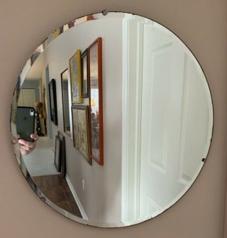 Vintage Antique 20 " Round Frameless Beveled Wall Mirror With Solid Wood Backing