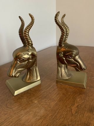 Pair Brass Deer Head Buck Stag Elk Gazelle Bookends Figurines Vintage 7”
