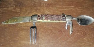 Vintage Colonial Prov Usa Folding Pocket Knife With Fork & Spoon