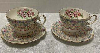 2 Royal Bridal Gown Tea Cups & Saucers Queen Anne England 1950s Orchids Bows