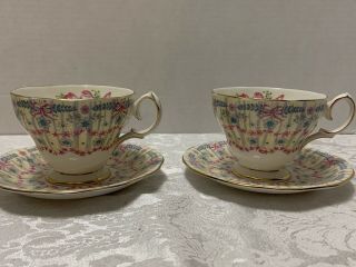 2 Royal Bridal Gown TEA CUPS & SAUCERS Queen Anne England 1950s Orchids Bows 2