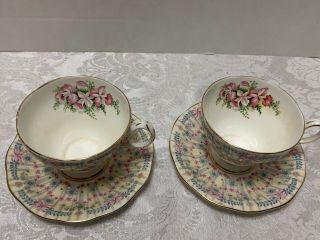 2 Royal Bridal Gown TEA CUPS & SAUCERS Queen Anne England 1950s Orchids Bows 3