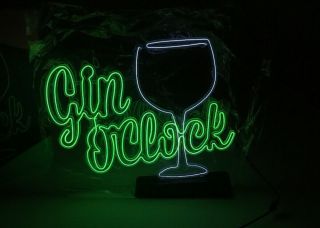 Neon Effect Gin O’ Clock Sign Glow In The Dark Open Box W Two Batteries