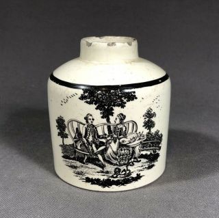18th Century English Creamware Tea Party Transfer Tea Canister