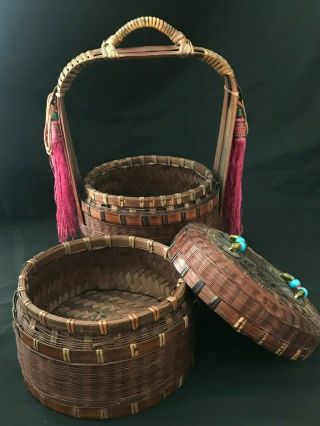 Vintage Oriental Chinese Stacking Wedding Basket 2 Tier With Beads Coins Tassels