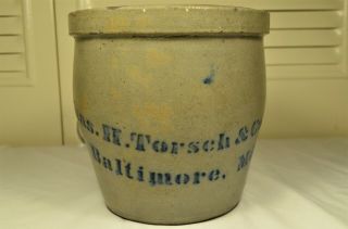 Antique Chas.  H.  Torsch & Co Baltimore Md Stoneware Cream Jar Blue Stencil 1880s