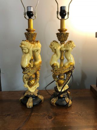 Two Vintage Cherub Table Lamps Signed O Tupton French Provincial Style