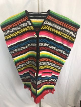 Vintage Mexican Poncho Shawl Hand Woven Wool Blanket Old Ethnic Antique