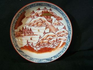 Antique Meiji Japanese Porcelain Imari Bowl Plate Hp Enamel Scenic 4 3/4 "