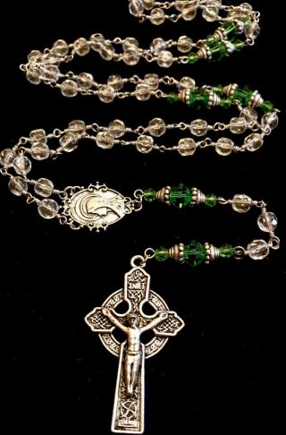Vintage Forest Green And Clear Faceted Crystal Rosary Silver Tone Crucifix