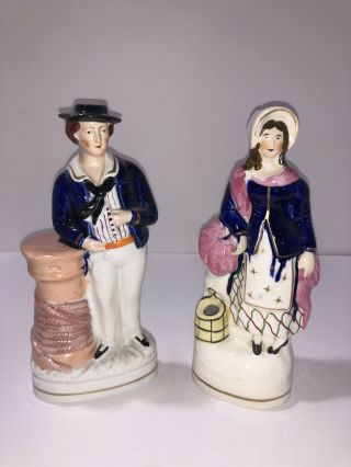 Antique 19th Century English Staffordshire Pottery Figure Sailor And Lady Pair