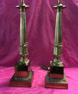 Antique Vintage Brass Neoclassical Corinthian Column Table Lamps 33”