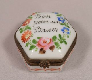 Vintage 6 Sided Limoges Porcelain Floral Pill Box Good For A Kiss